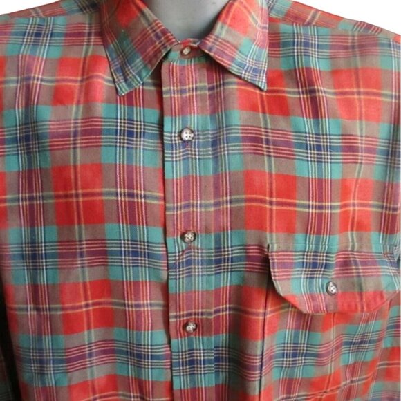 Vintage 1980s Mens Plaid Camp Shirt Bert Pulitzer Large Winter Red/Green/Rust - Picture 1 of 5